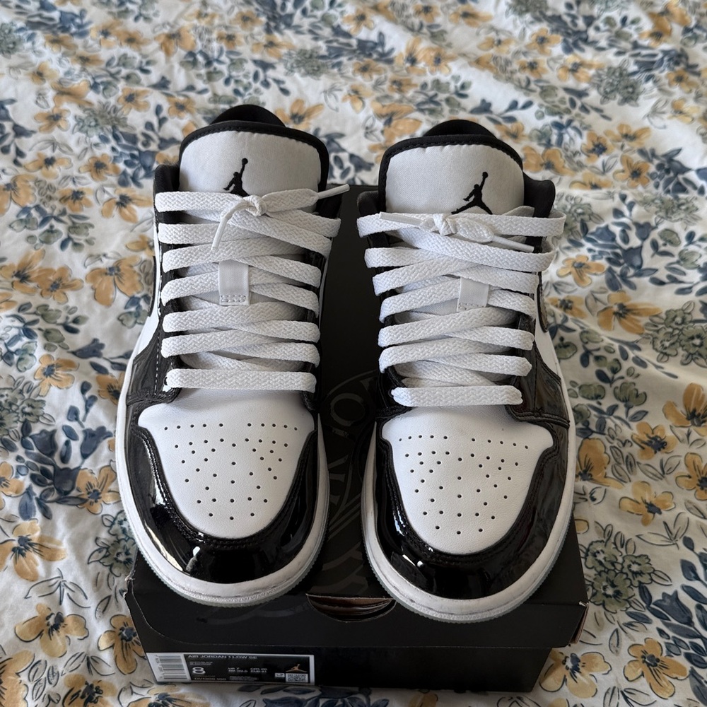 Nike Air Jordan 1 Low Black White Patent Sneakers - Picture 2 of 6